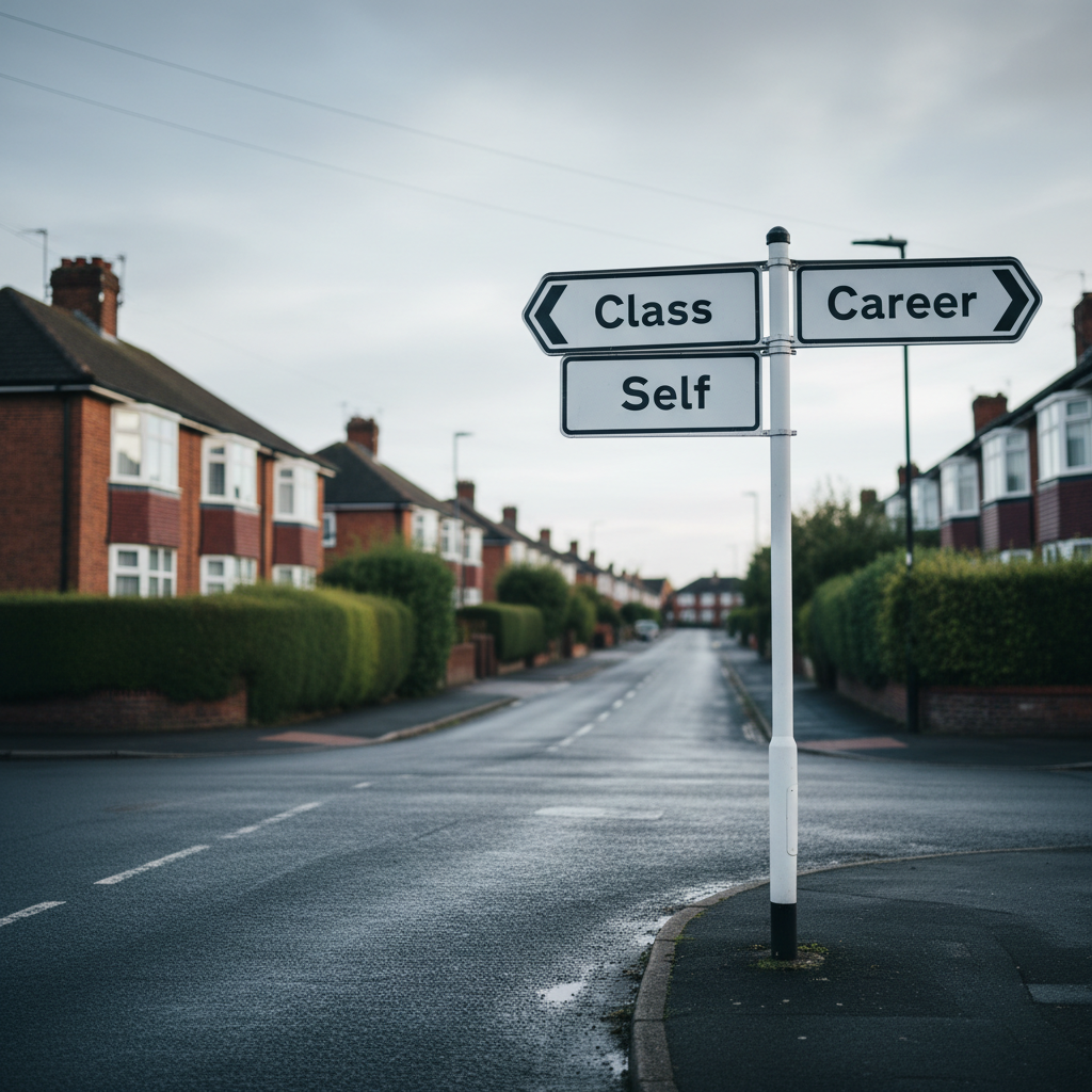 A classic UK road sign at a quiet suburban T-junction stands in the centre of the frame, its white metal face divided into three arrows labelled “Class”, “Career”, and “Self” in clean, sans-serif black text. The “Self” arrow points down a narrower side street lined with modest brick semis and overgrown hedges, softly blurred in the background. The tarmac is slightly damp, reflecting a muted, silver-grey sky. Cool, diffused late-afternoon light softens the scene, with faint puddle reflections adding subtle detail. Photographic realism, shot from a low angle so the sign dominates the composition, employing the rule of thirds. The mood is calm, reflective and quietly subversive, suggesting political choices that diverge from traditional class pathways.