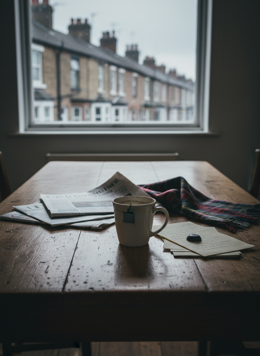 A long, well-worn wooden kitchen table in a modest UK terraced house stretches from foreground to background, its surface scattered with folded broadsheet newspapers, a slightly frayed tartan scarf, a chipped ceramic mug with faint tea stains, and a neat stack of handwritten notes on cream paper. Outside the small window, a row of brick houses and TV aerials blur into soft focus under a grey sky. Cool, diffused daylight seeps in, casting gentle shadows and subtle reflections in the mug’s glaze. Photographic realism, shot from a slightly elevated angle along the table’s length, creating a natural leading line. The overall mood is thoughtful and sophisticated, suggesting quiet, honest reflection about politics and class away from Westminster’s spectacle.
